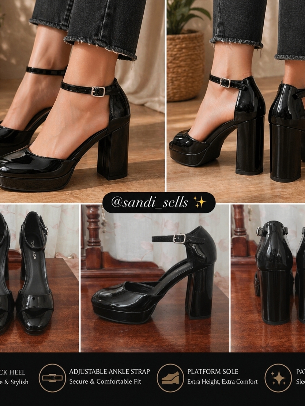 TOP Moda Black Patent Platform Mary Jane Block Heels with Ankle Strap